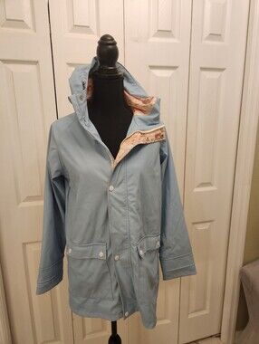Light Blue Women's Rain Jacket with Floral Trim And Lining